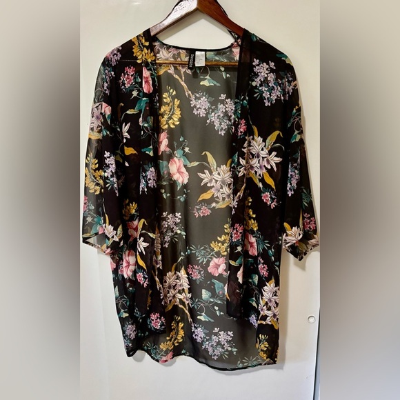 Divided| H&M| Pretty Floral on Black Multicolour Sheer Kimono Wrap Sz S - Picture 1 of 7